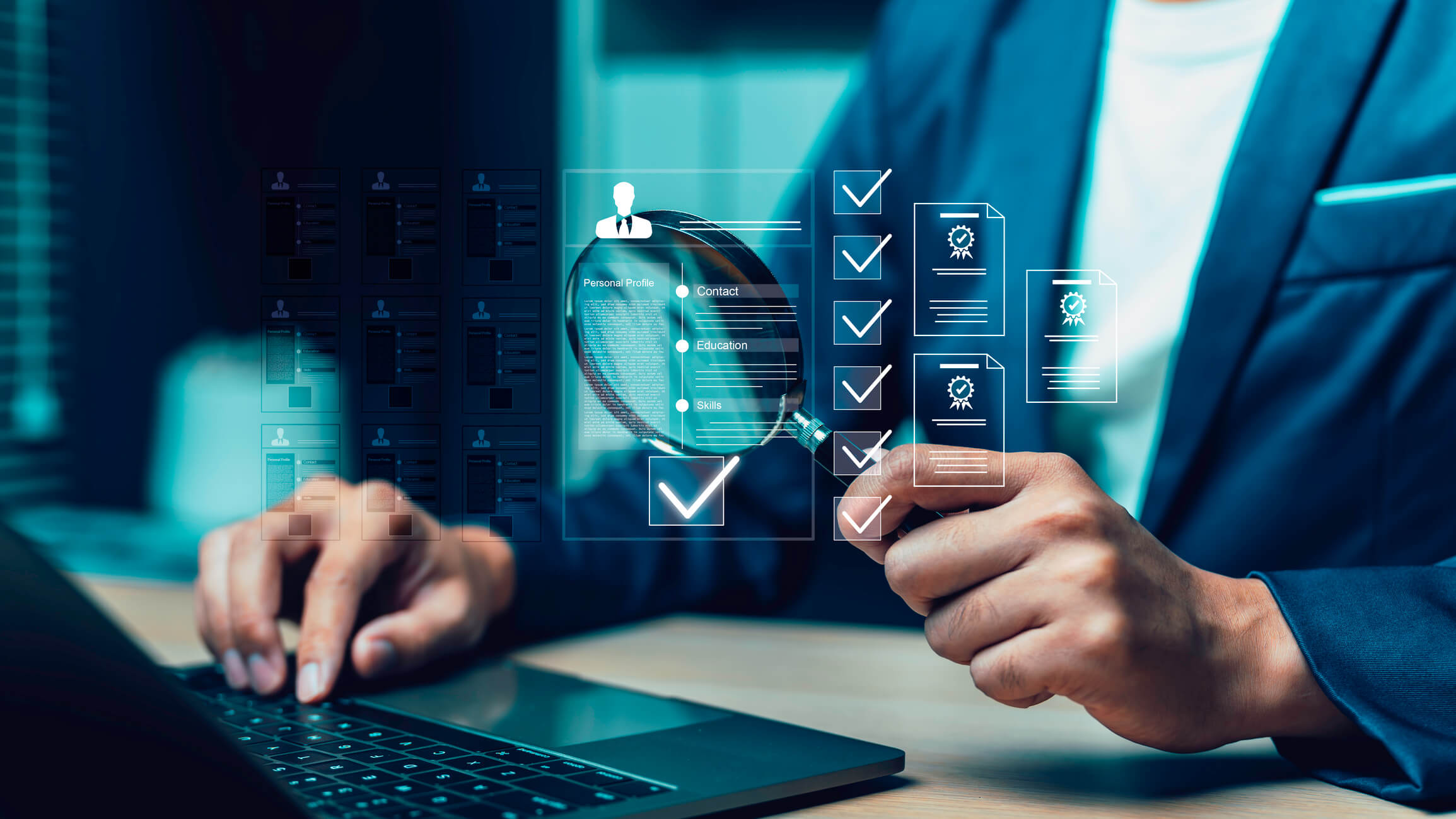 Employee selection, businessman process select the optimum resume application form, recruitment to interview and join with company. interviewing and hiring through an internet recruitment agency.